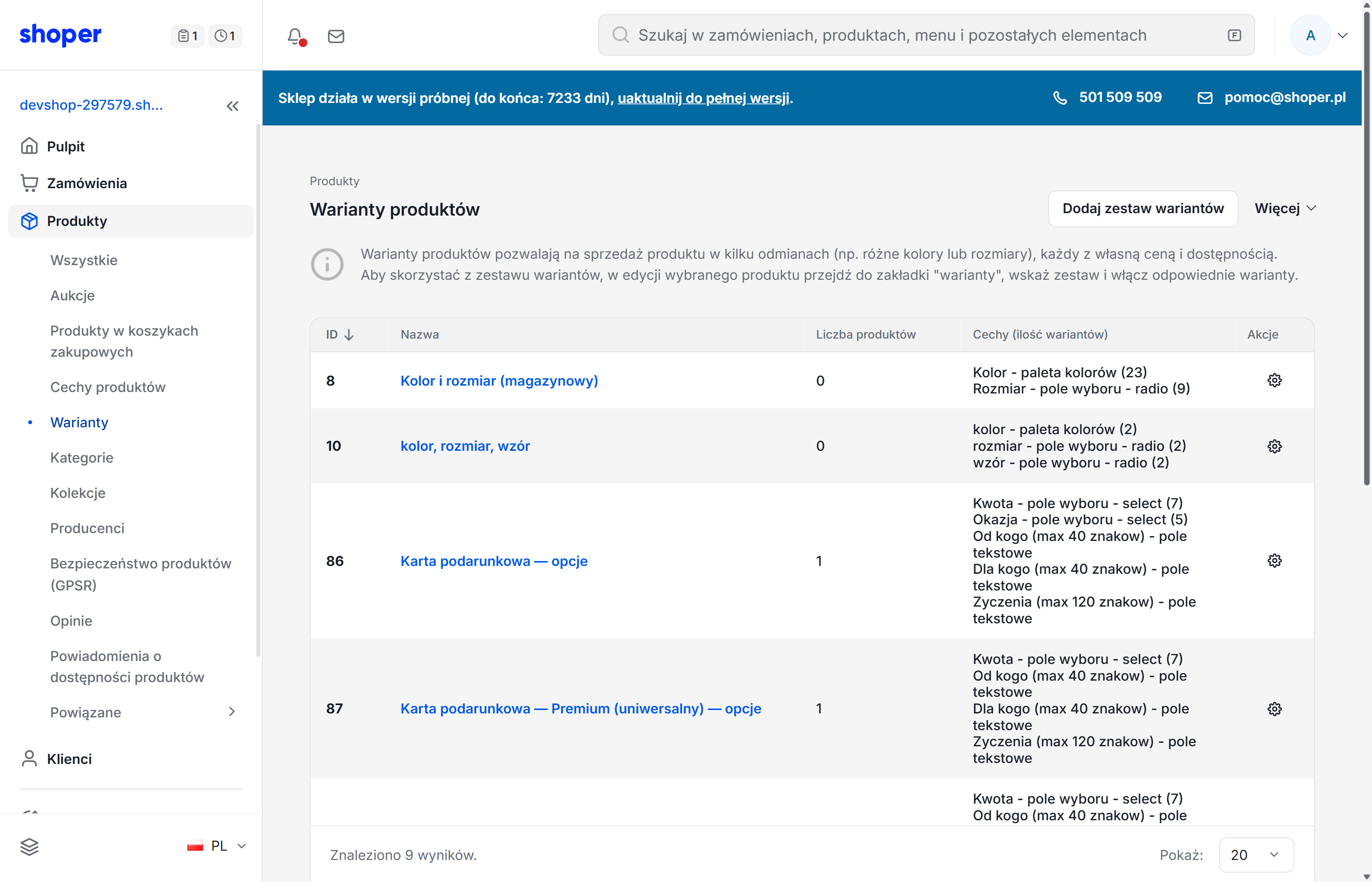 Zakładka Warianty w produkcie — zaznacz checkboxy